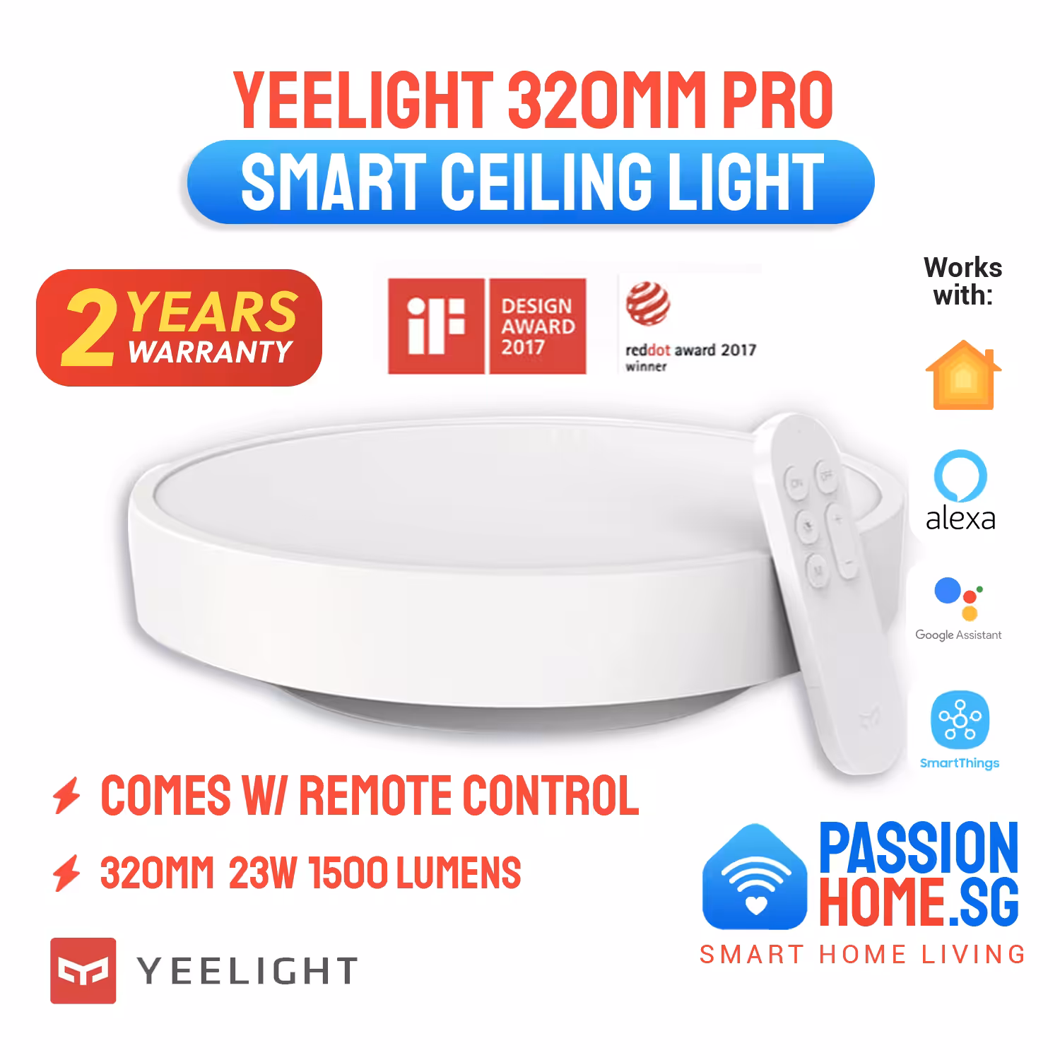 Yeelight LED Ceiling Light 320mm Pro V4 - Luna 23W - 1500 lumens - Works with Apple HomeKit 1 Yeelight LED Ceiling Light - Luna YLXD76YL 320mm Pro V4 PassionHome.sg (2 Years Official Warranty) 1