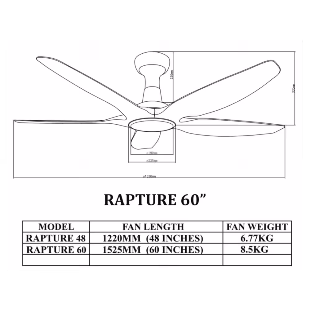 Bestar Rapture Ceiling Fan Specifications