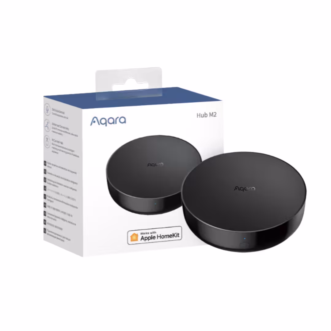 Aqara M2 Hub - Global Edition 4 Aqara M2 Hub round black puck with USB-A, Micro-USB and Ethernet RJ45 ports
