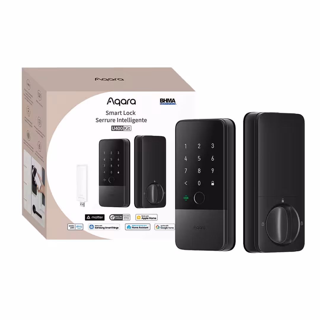 Aqara Smart Door Lock U400 — with Installation 7 Aqara Smart Lock U400 Kit Black retail box contents including Hub M100