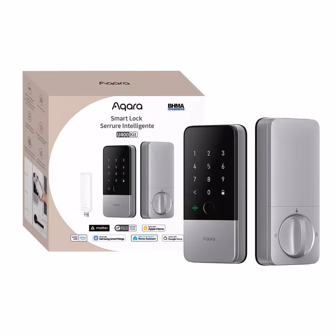 Aqara Smart Door Lock U400 — with Installation 8 Aqara Smart Lock U400 Kit Silver retail box contents including Hub M100