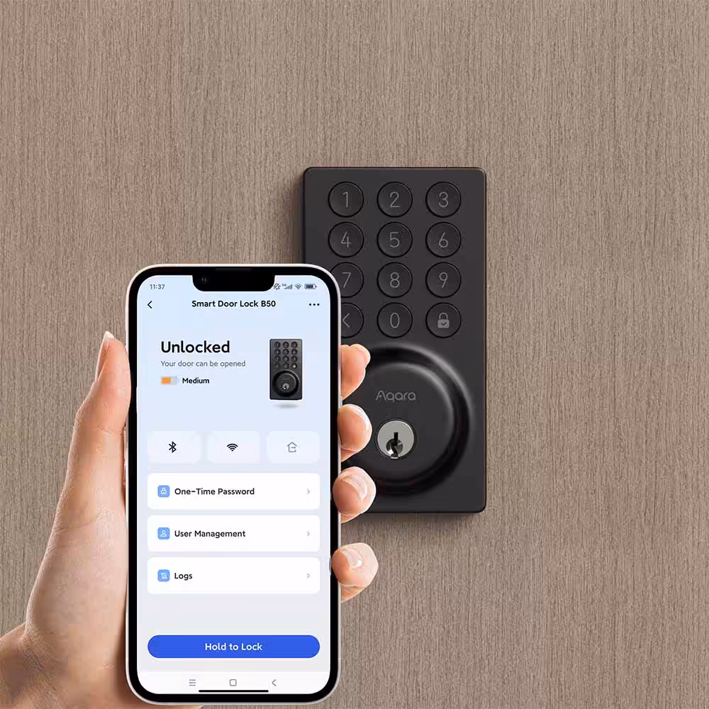 Aqara Smart Door Lock B50 — with Installation 13 Aqara Smart Lock B50 being unlocked remotely from the Aqara Home app on a smartphone