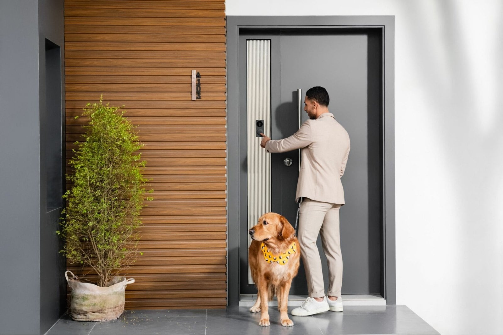 Aqara Singapore 1 Man unlocking an Aqara smart lock at a modern front door with his dog beside him